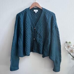 Willow & Root Wool Blend Green V-Neck Chunky Knitted Cardigan Sweater Women's M